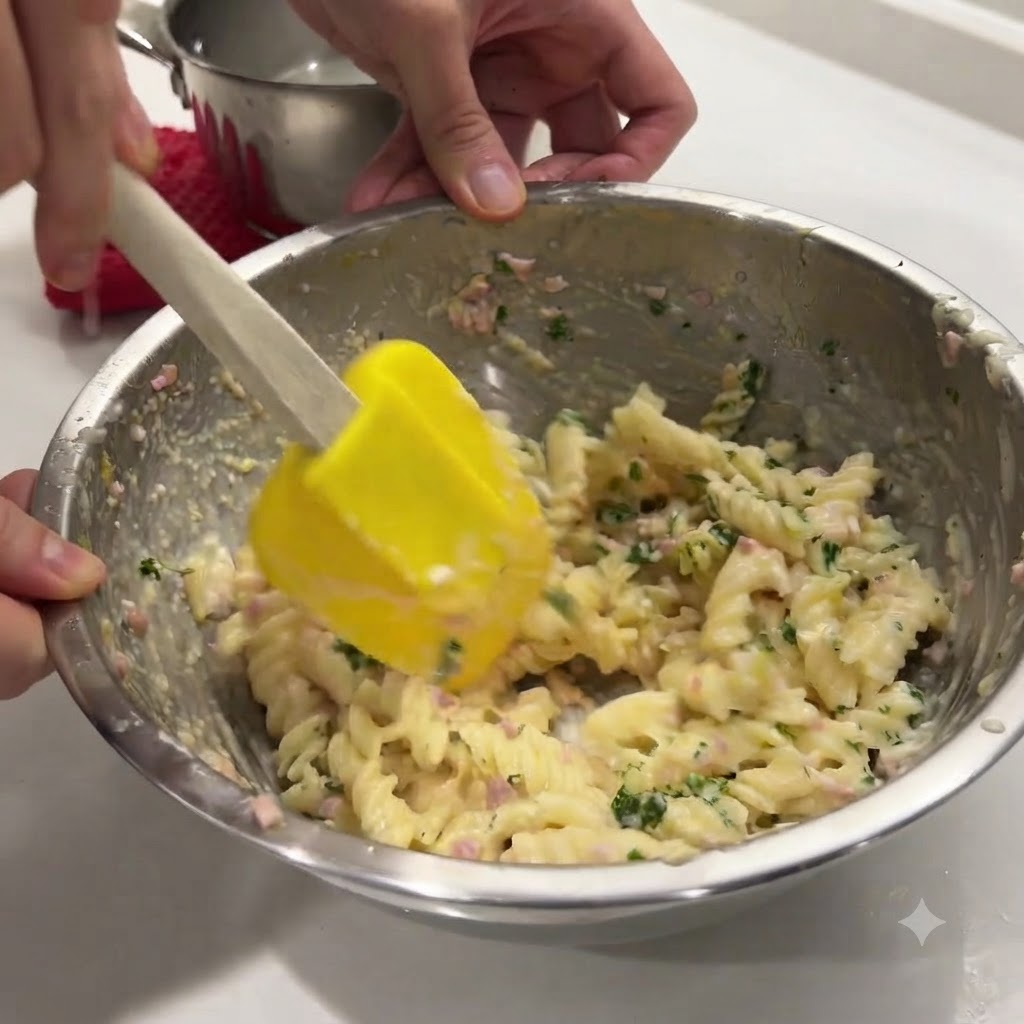 Una espátula amarilla removiendo y mezclando perejil picado en la cremosa pasta en espiral.