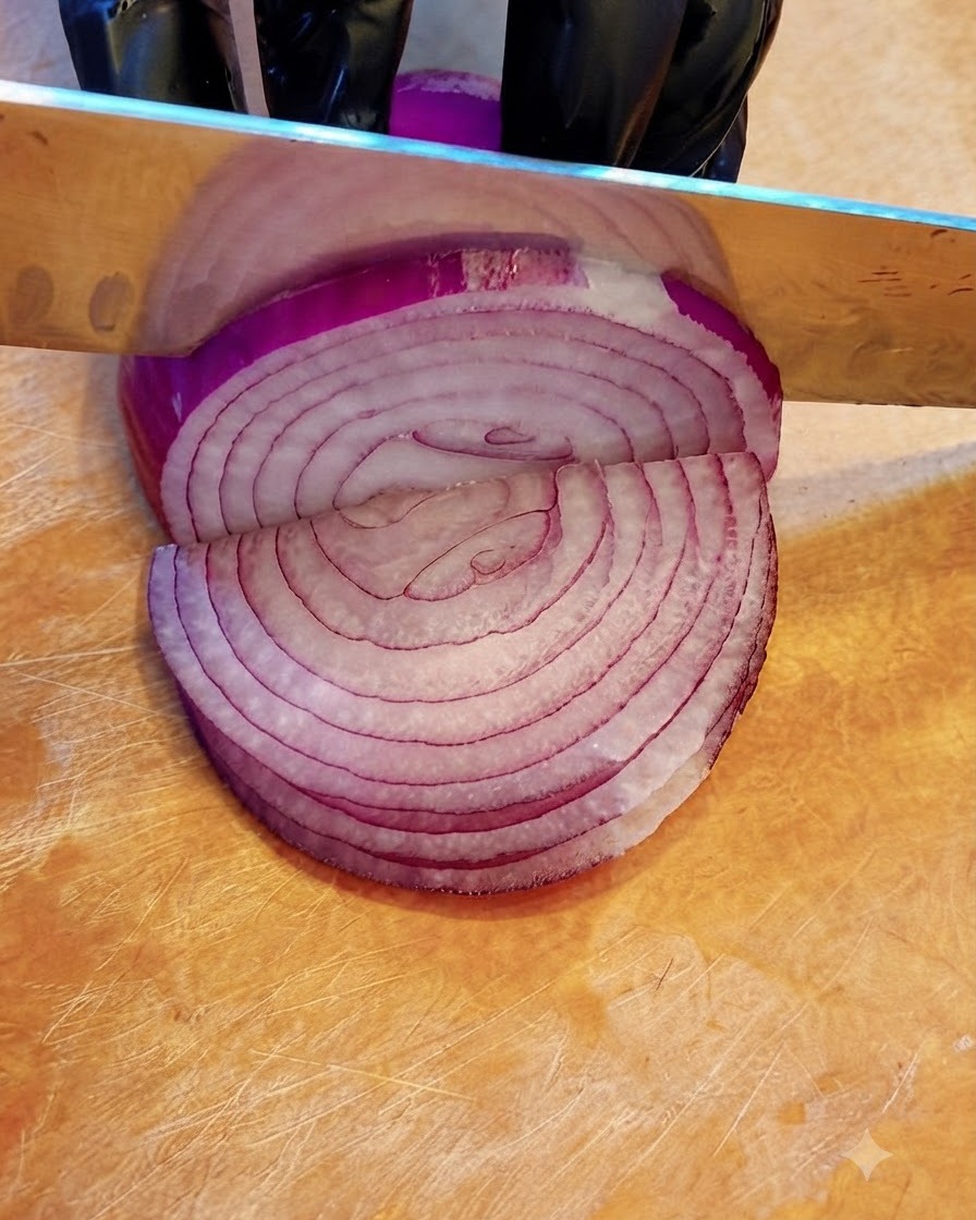 Un cuchillo cortando una cebolla morada cruda partida por la mitad en una tabla de cortar de madera.