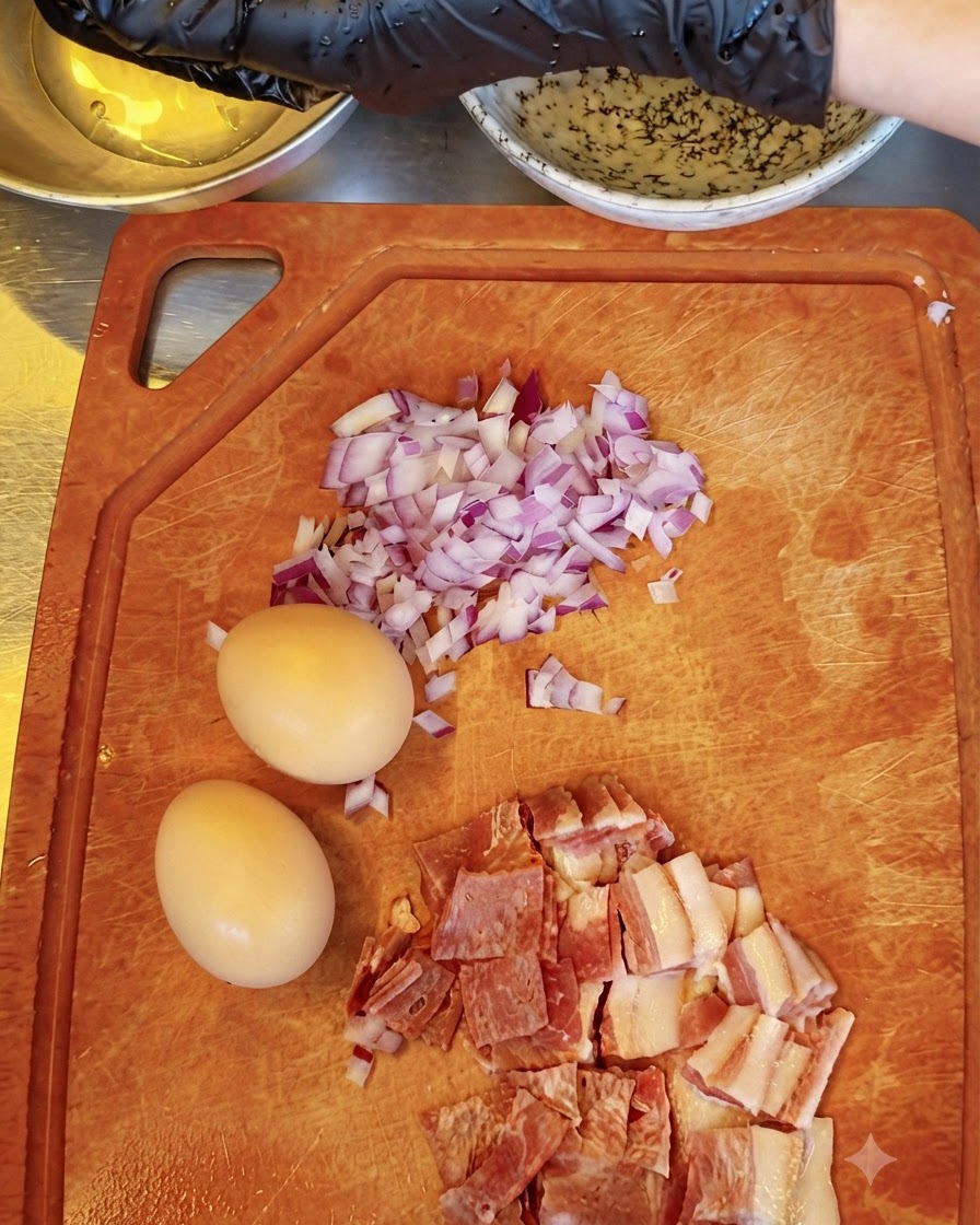 Una persona separando yemas de huevo crudas con las manos con guantes, sosteniéndolas sobre un tazón mientras otros ingredientes están en una tabla de cortar.