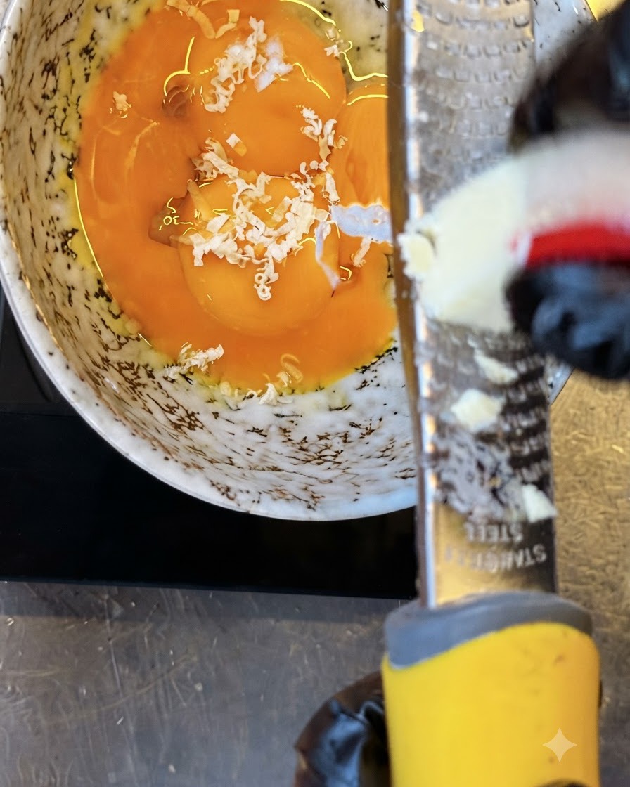 Un bloque de queso seco siendo rallado sobre yemas de huevo de color naranja brillante en un tazón con motas.
