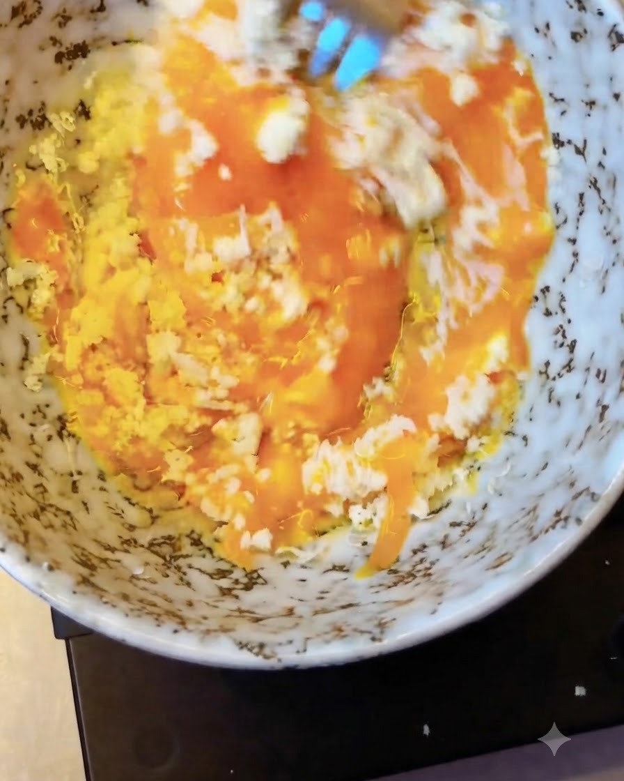 Un tenedor batiendo queso rallado y yemas de huevo en una pasta dorada y espesa.