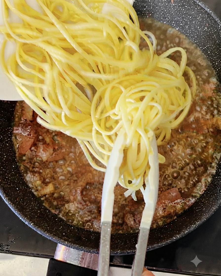 Fideos de espagueti amarillos cocidos siendo agregados con pinzas en una sartén burbujeante de líquido y beicon.