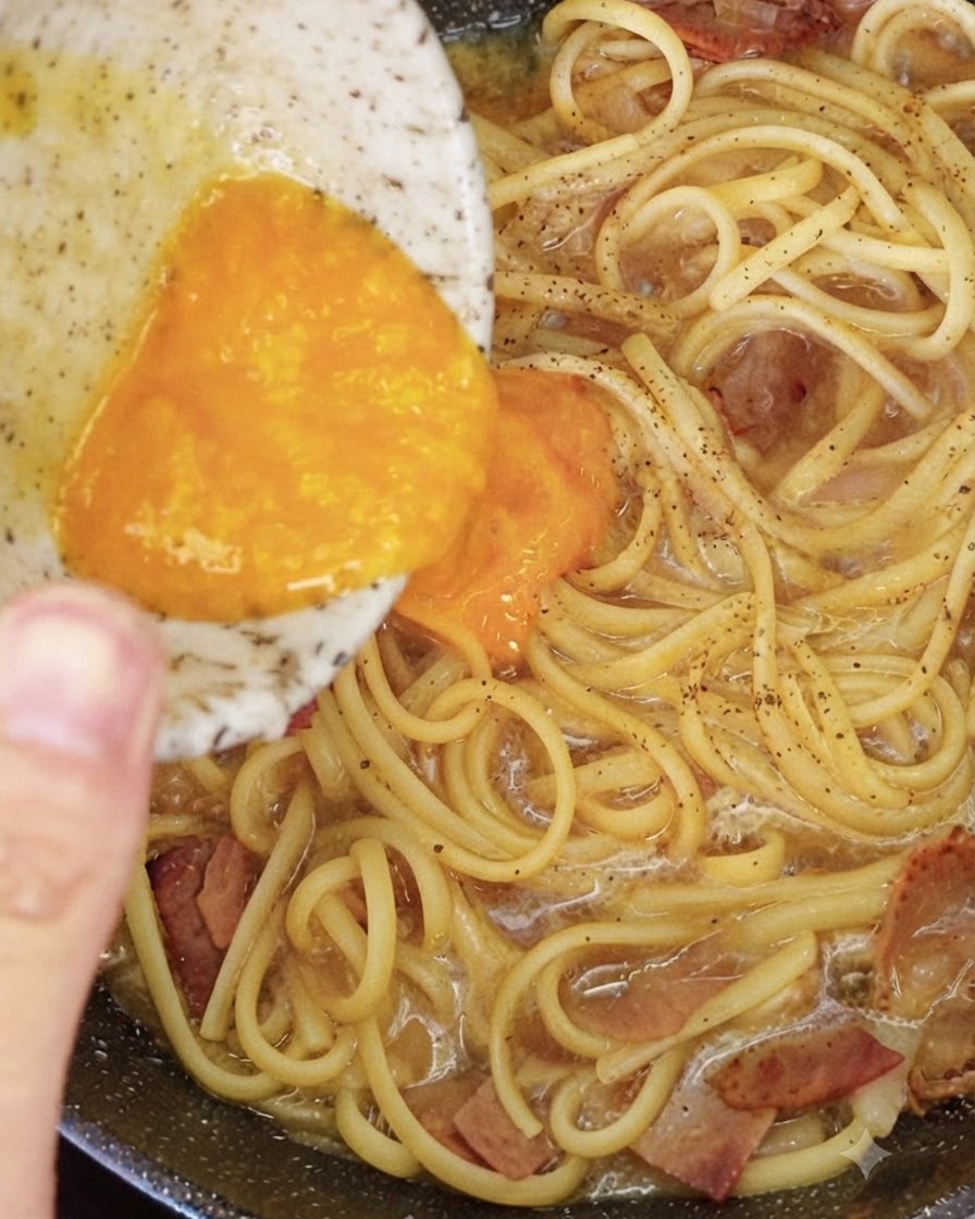 Un tazón que contiene una mezcla amarilla de queso y yemas de huevo siendo vertida sobre espagueti tibio y beicon en una sartén.