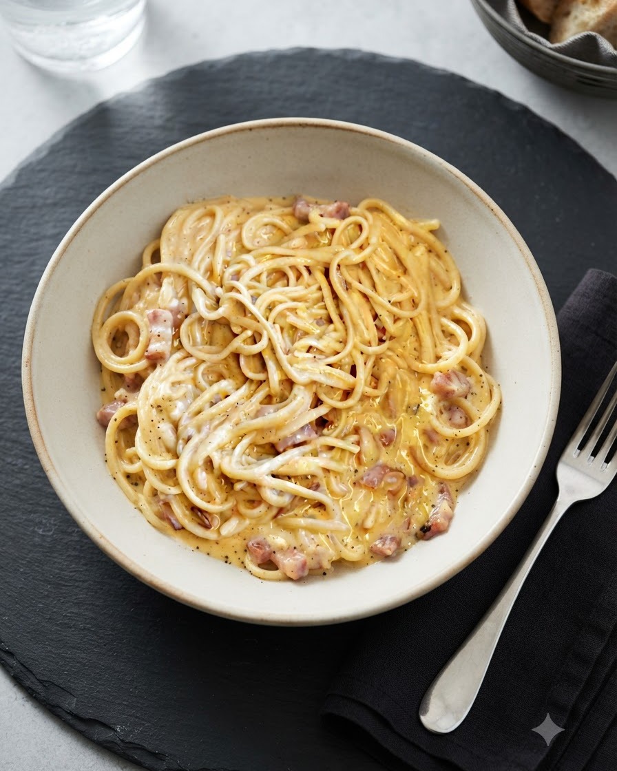 Pasta carbonara cremosa en un tazón ancho de cerámica colocado sobre una tabla de pizarra oscura con un tenedor sobre una servilleta.