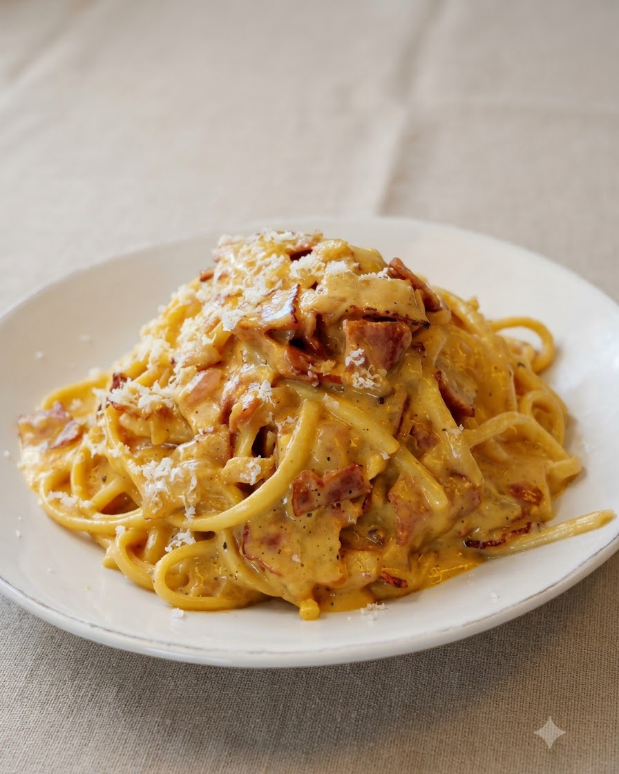 Queso seco fresco siendo rallado sobre un montón de pasta carbonara cremosa en un plato blanco.