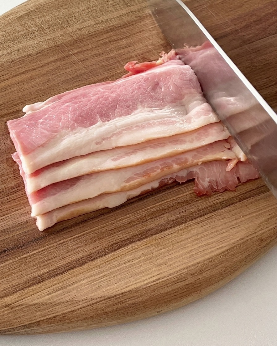 Tiras de beicon cortadas en porciones más pequeñas sobre una tabla de cortar de madera con un cuchillo.