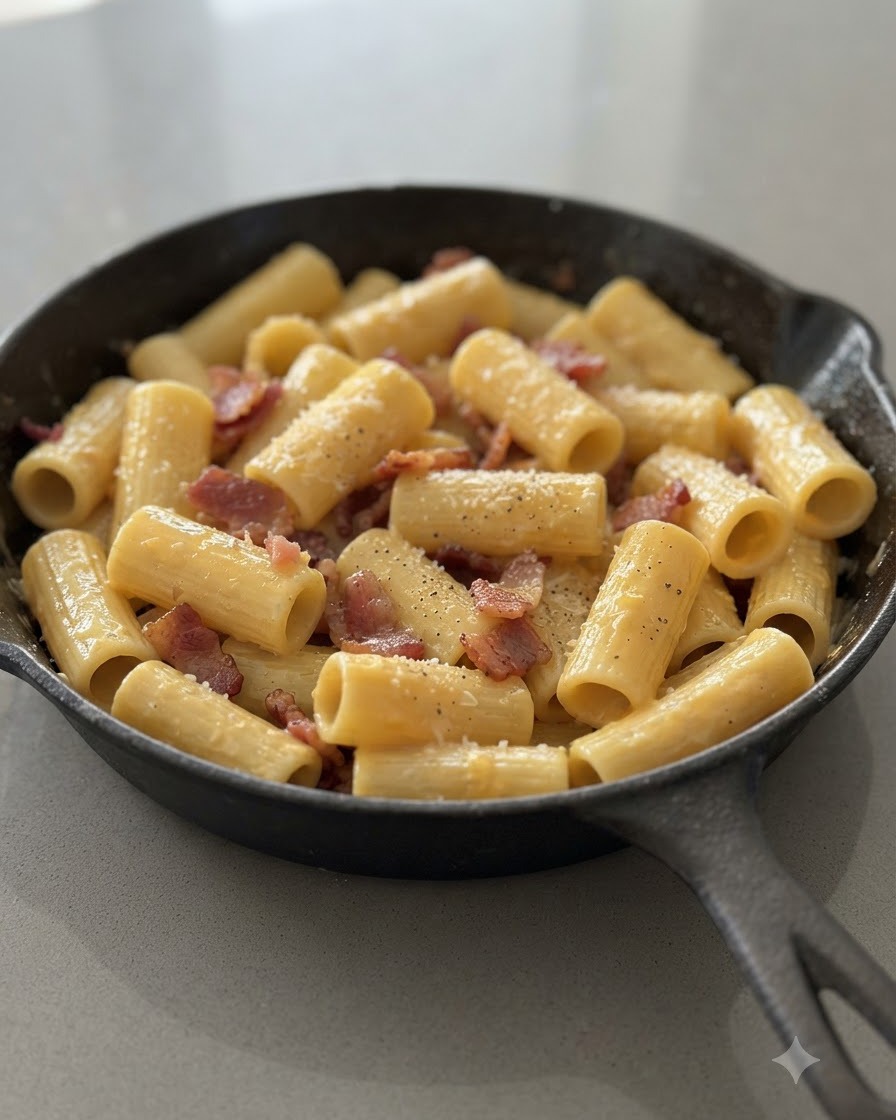 Salsa cremosa de huevo y queso mezclándose con los rigatoni y el beicon en una sartén de hierro fundido.