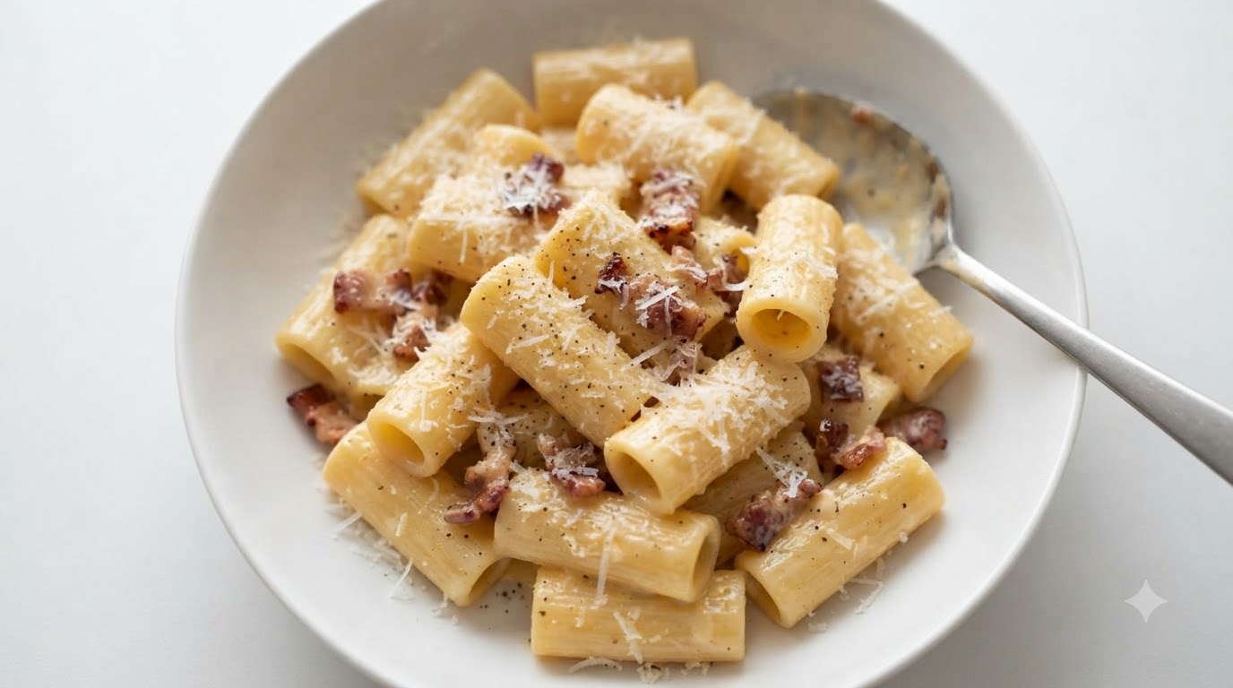 Un plato cremoso de rigatoni carbonara decorado con parmesano rallado y pimienta negra