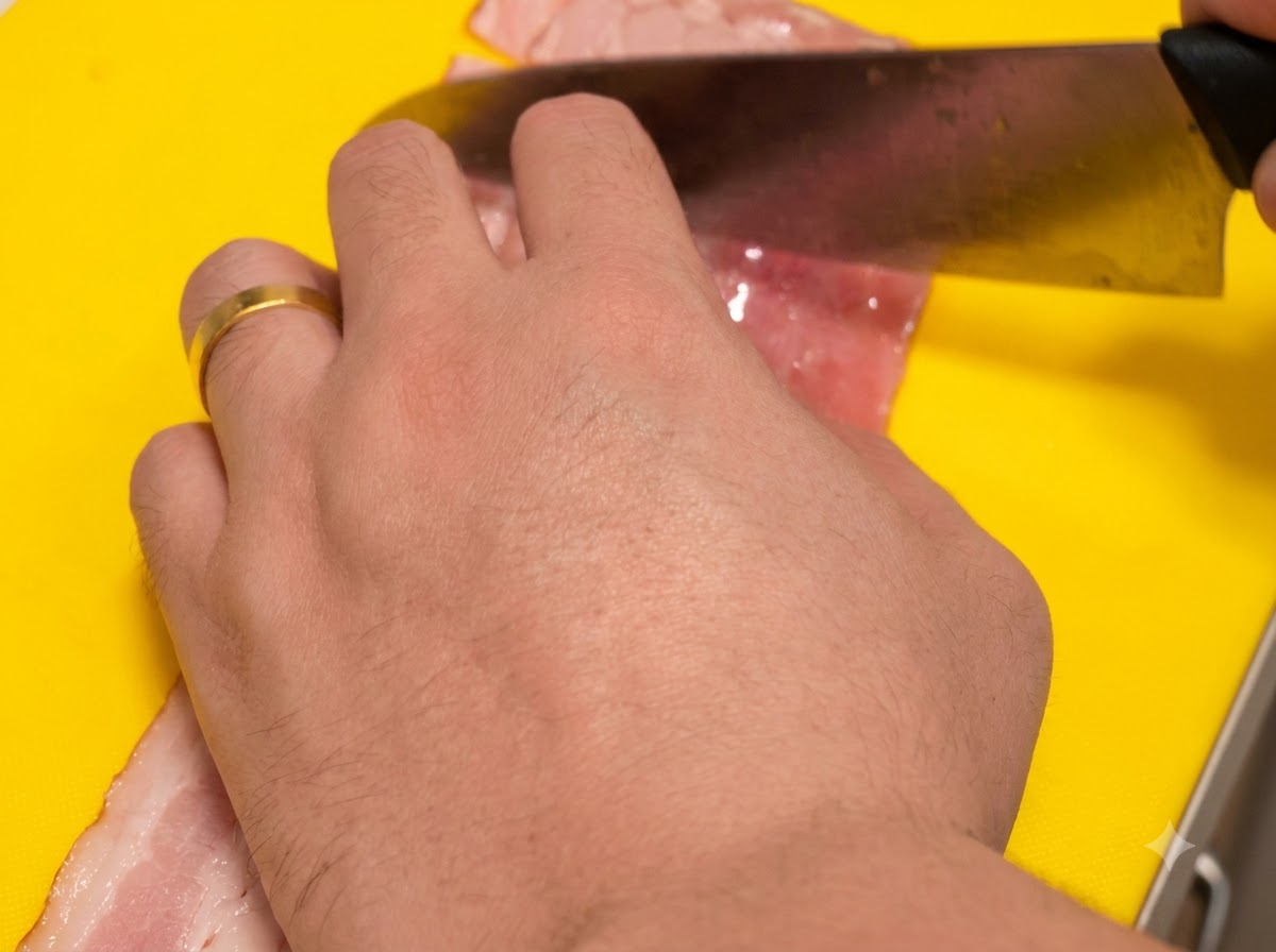 Cuchillo cortando tiras de tocino crudo en pequeños rectángulos del tamaño de un bocado sobre una tabla amarilla.