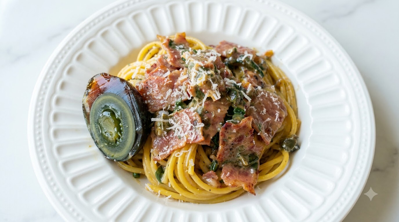 Pasta con Huevo Centenario y Tocino (Fusión Carbonara)