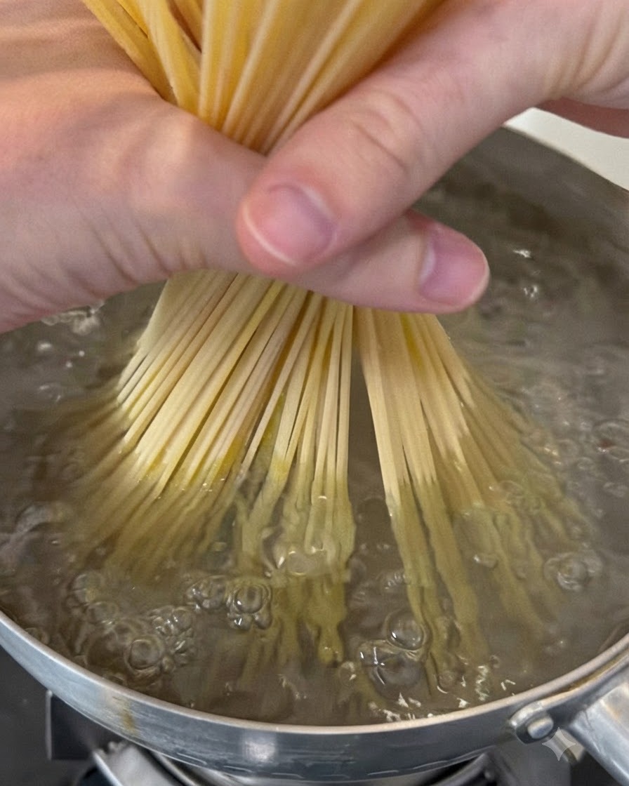 Pasta de espaguetis seca siendo sostenida y colocada dentro de una olla con agua hirviendo y burbujeante.