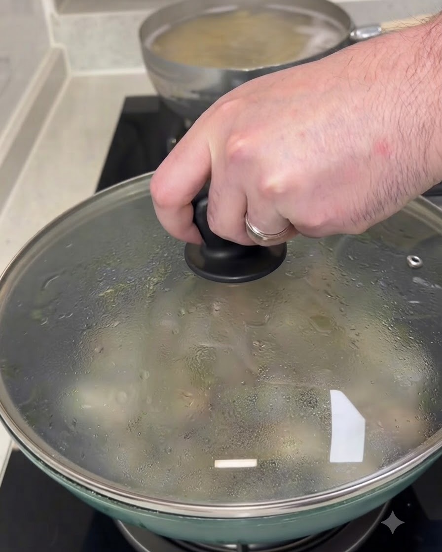 Una persona sosteniendo la tapa de una sartén tapada mientras cocina almejas en la estufa.