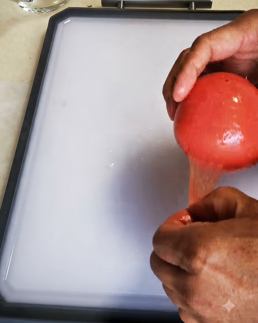 Manos pelando la piel exterior de un tomate rojo escaldado sobre una tabla de cortar blanca.