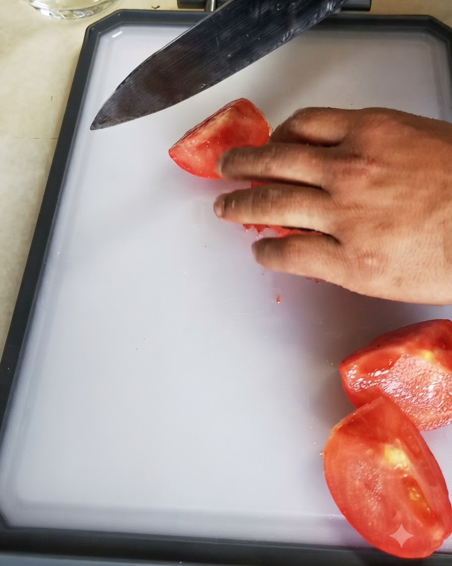 Un tomate pelado siendo cortado y picado con un cuchillo en una tabla de cortar blanca.