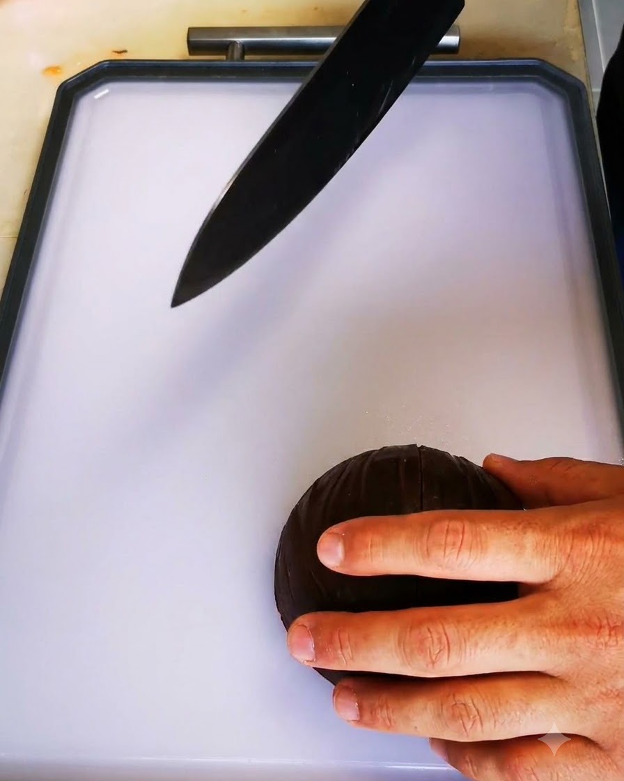 Un cuchillo de chef afilado cortando una cebolla roja en una tabla de cortar blanca.