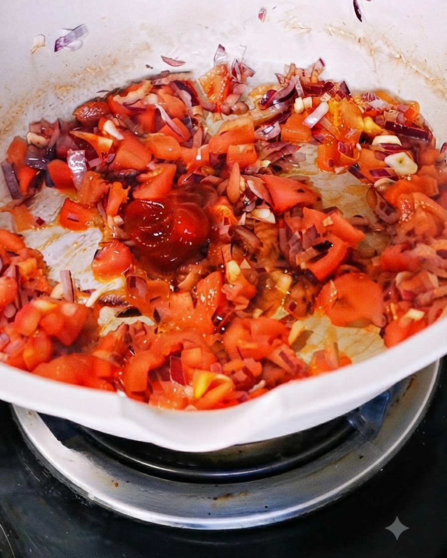 Una cucharada de rica pasta de tomate añadiéndose a la mezcla de tomate y cebolla en una sartén blanca.