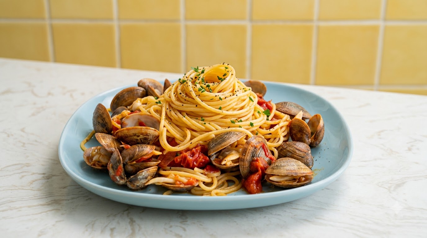 Pasta Italiana de Mariscos con Almejas y Tomates