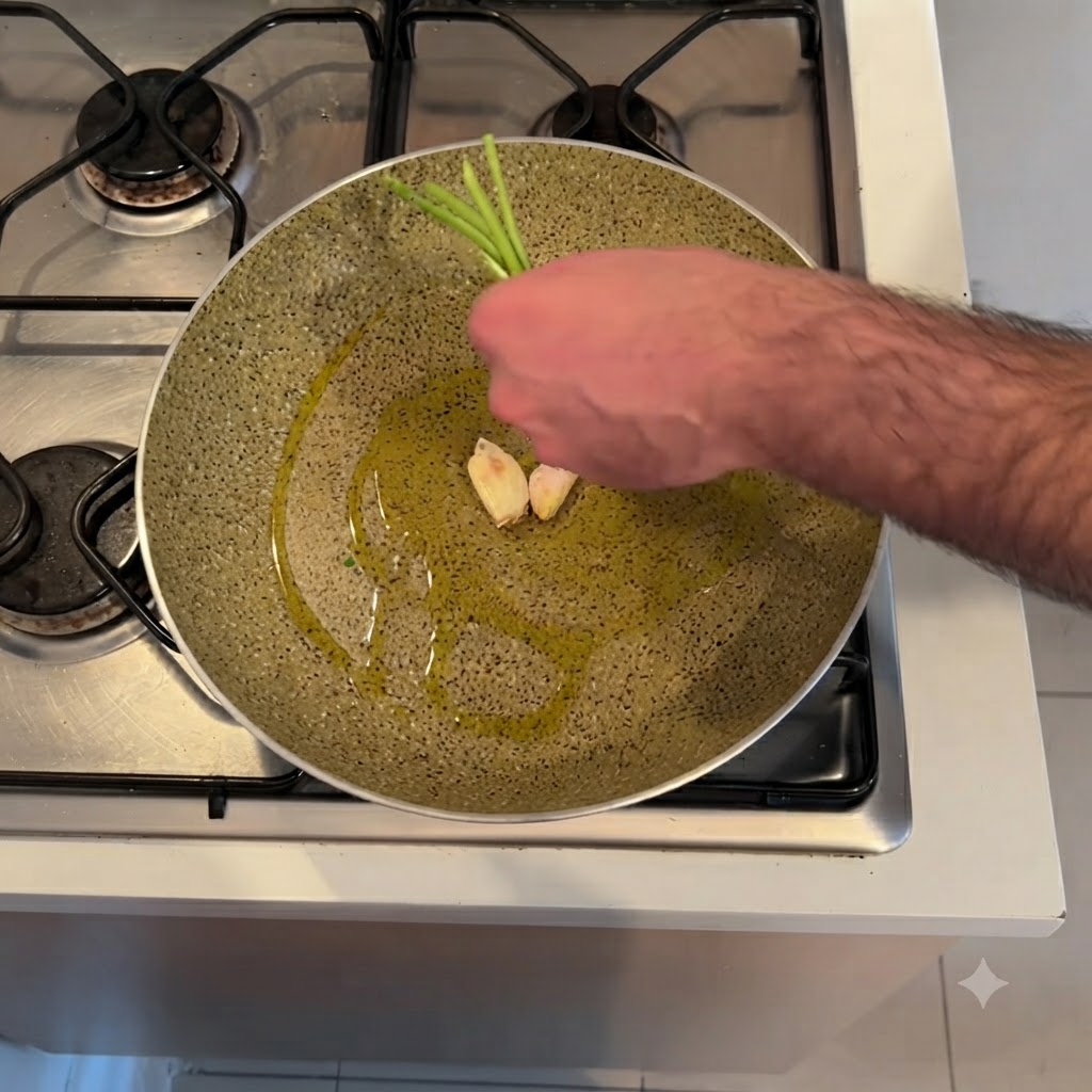 Una mano colocando raíces de apio verde y dientes de ajo machacados en una sartén con aceite de oliva caliente.