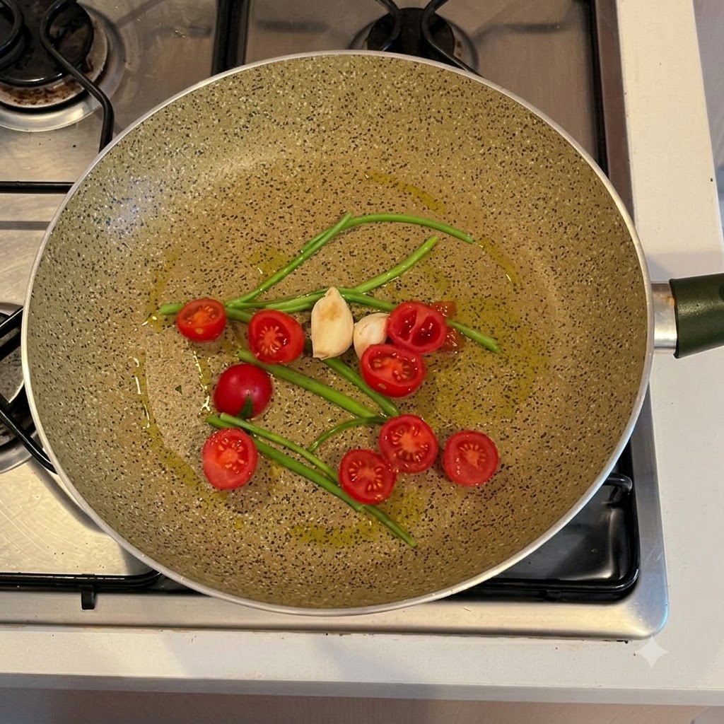 Tomates cherry partidos por la mitad, dientes de ajo y raíces de apio salteándose en una sartén con aceite de oliva.