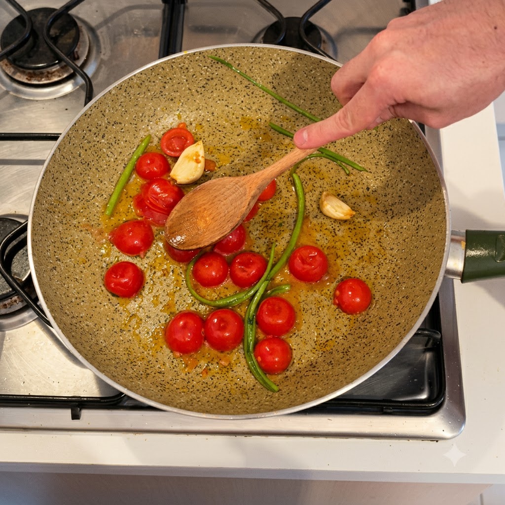 Una mano utilizando una cuchara de madera para aplastar los tomates cherry rojos que se cocinan en una sartén.