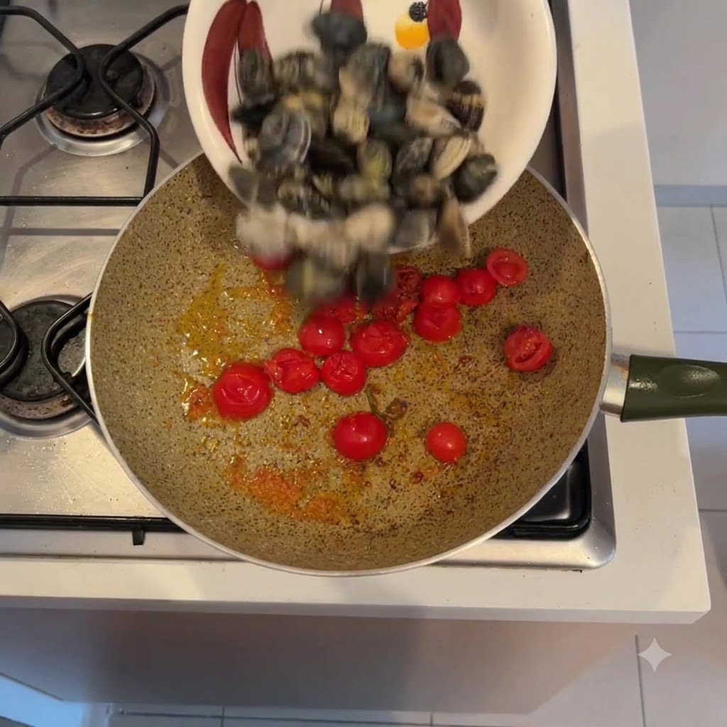Almejas enteras frescas volcándose desde un cuenco a una sartén caliente con tomates cherry cocinándose.