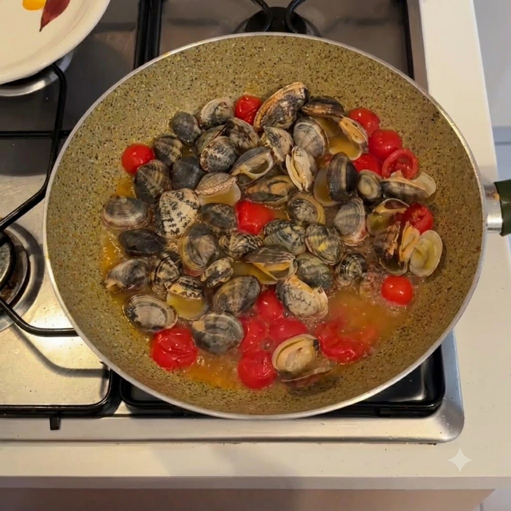 Almejas sacadas de una sartén llena de líquido de cocción y tomates utilizando unos palillos.