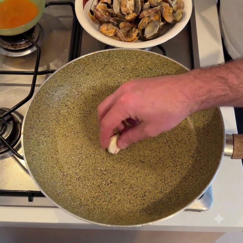 Agua vertiéndose en una sartén llena de conchas de almejas con un cuenco de carne de almejas al fondo.