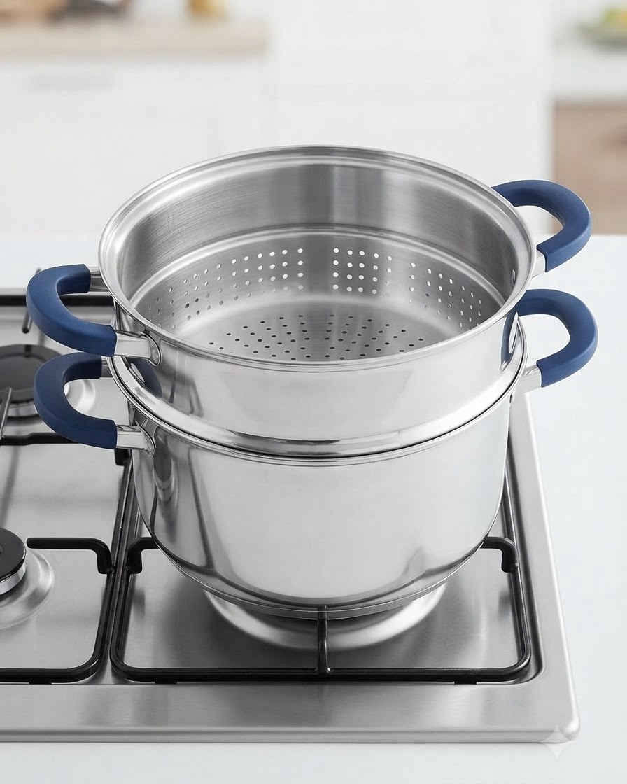 Una olla de acero inoxidable de dos niveles colocada sobre el fuego de la cocina.