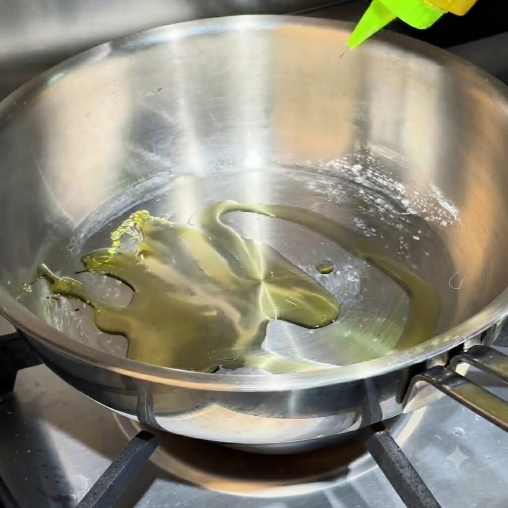 Aceite de oliva acumulándose en una sartén metálica caliente con ajo y chiles.