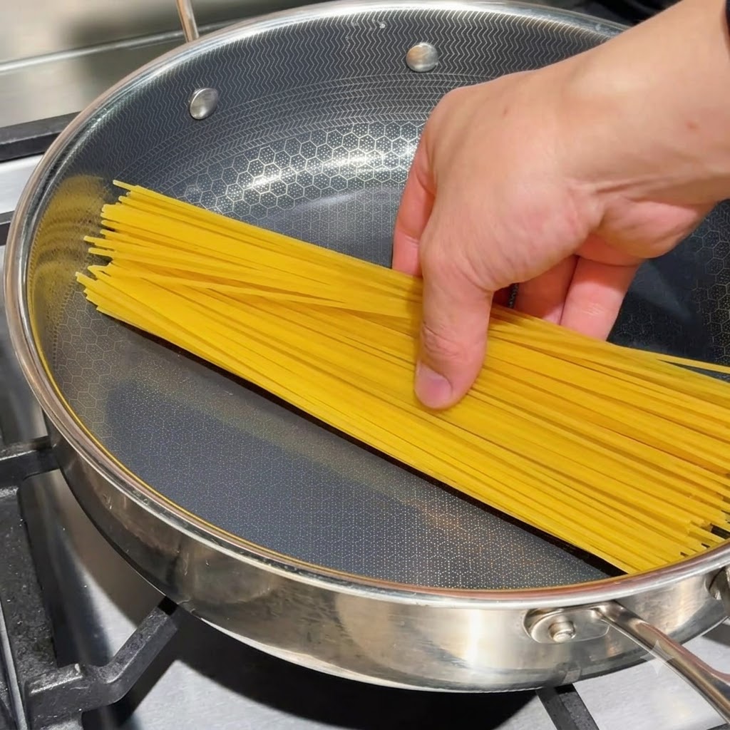 Fideos de espagueti secos colocados planos en una sartén con caldo concentrado de almejas vertido sobre ellos.