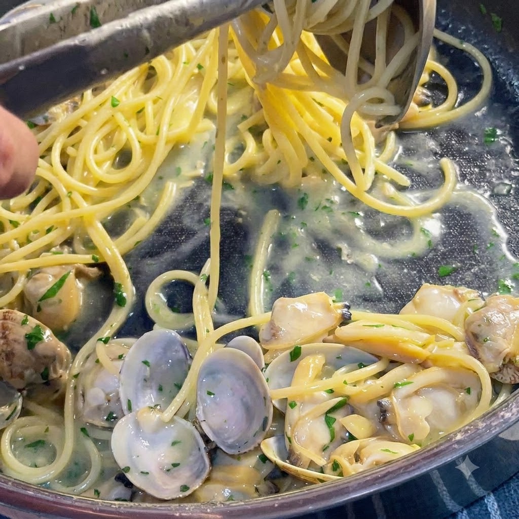 Caldo siendo añadido con un cucharón en una sartén de espaguetis hirviendo a fuego lento con almejas y perejil.
