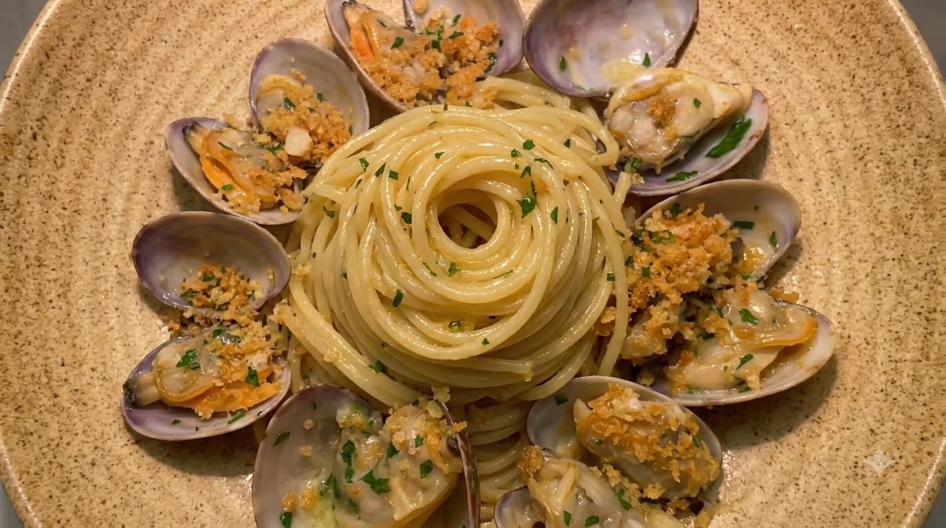 Espaguetis Clásicos con Almejas y Pan Rallado al Ajo