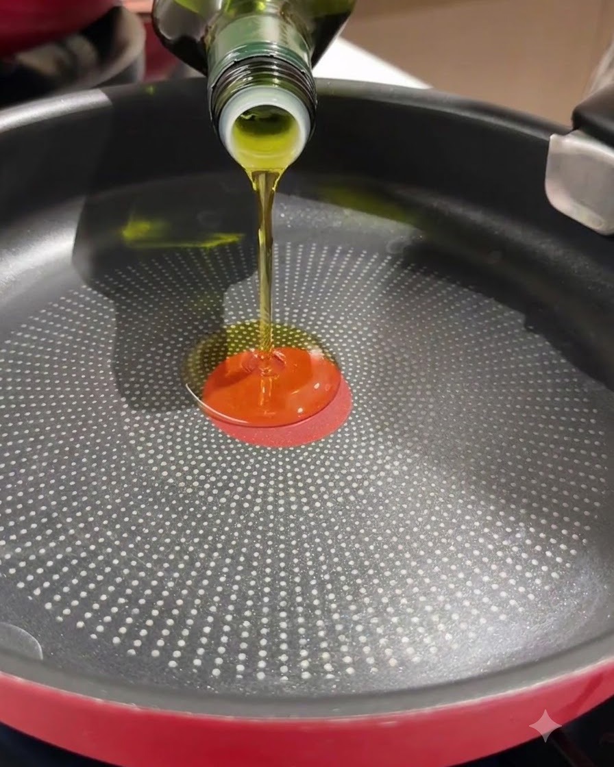 Aceite de oliva siendo vertido desde una botella de vidrio en una sartén negra caliente.