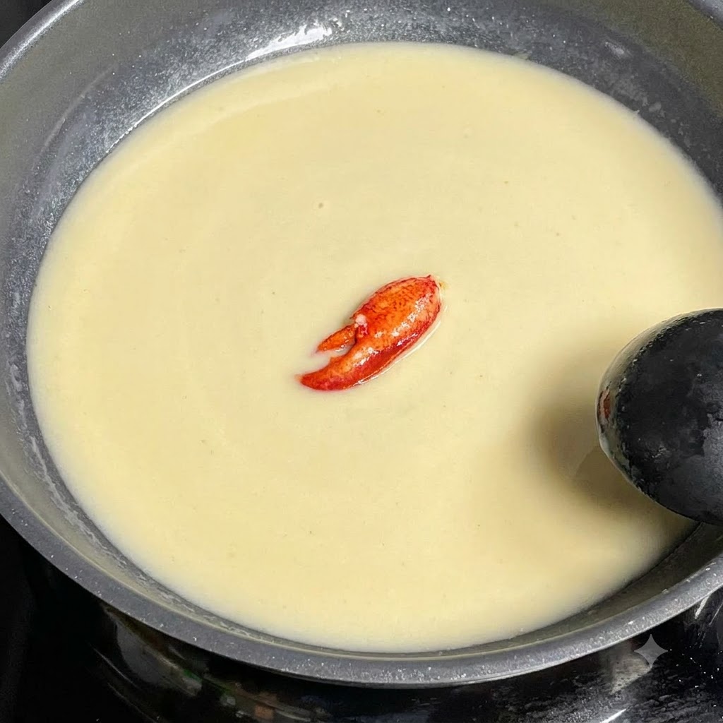 Una cucharada de rica mantequilla de cangrejo situada dentro del caldo de almejas hirviendo a fuego lento en una sartén.