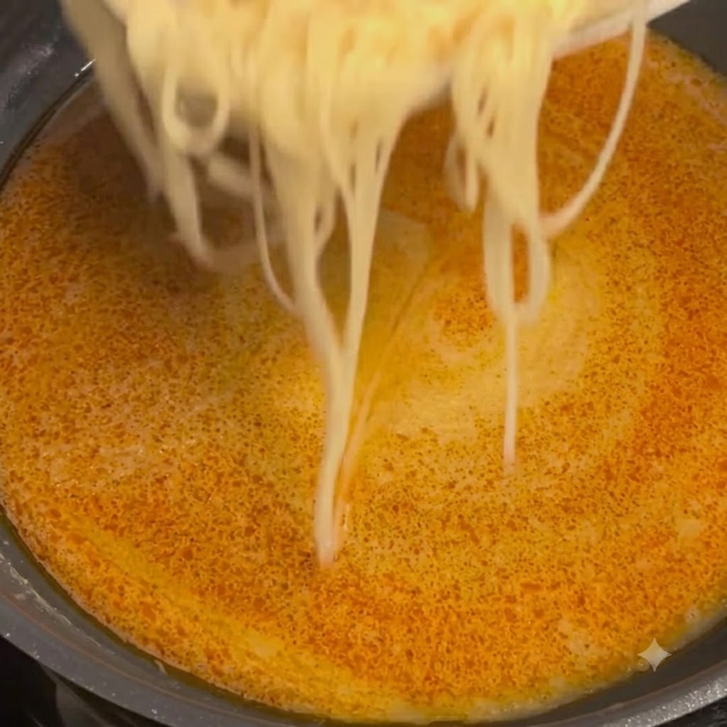 Fideos de pasta recién cocidos transferidos desde un plato a una sartén chispeante llena de salsa cremosa de almejas y mantequilla de cangrejo de color naranja.