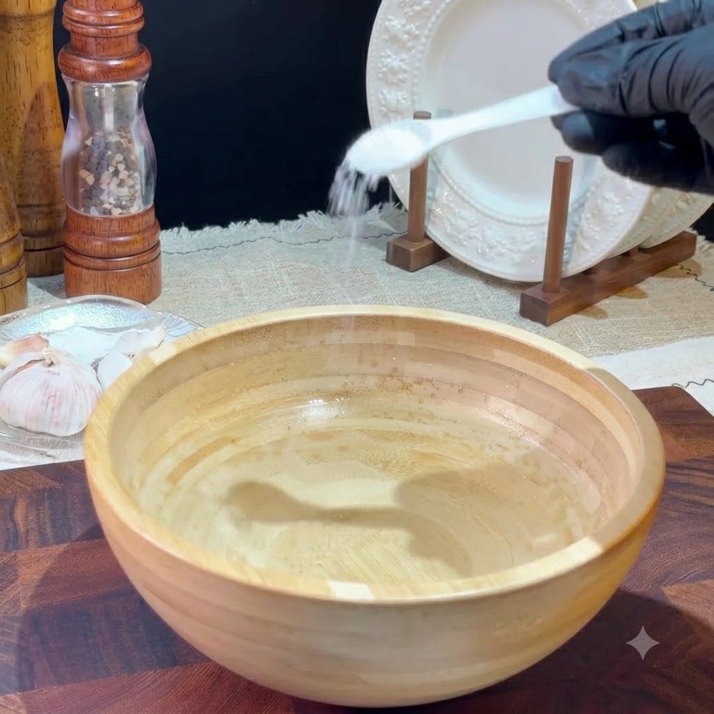 Sal siendo vertida desde una cuchara blanca en un bol de madera lleno de agua.