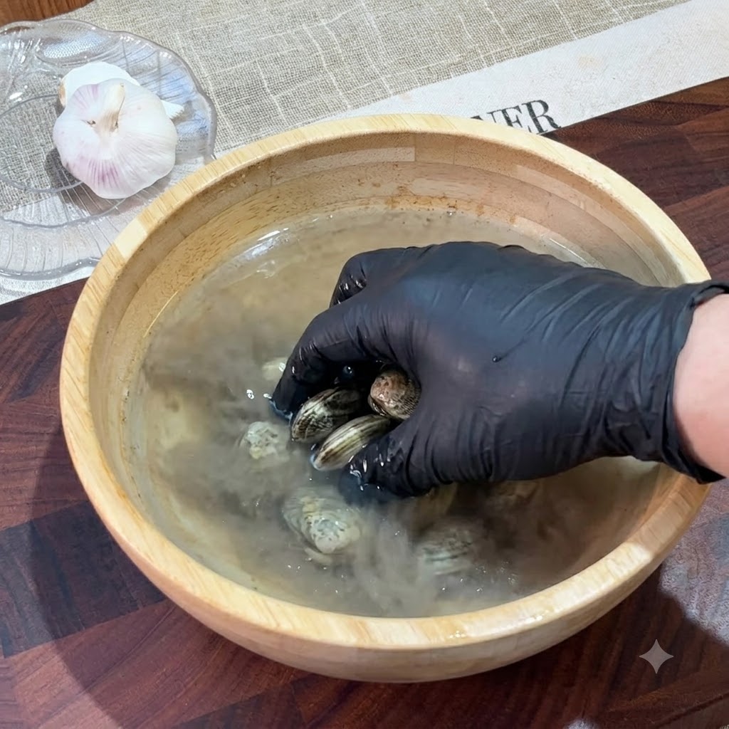 Almejas reposando dentro de un bol de madera lleno de agua salada turbia.