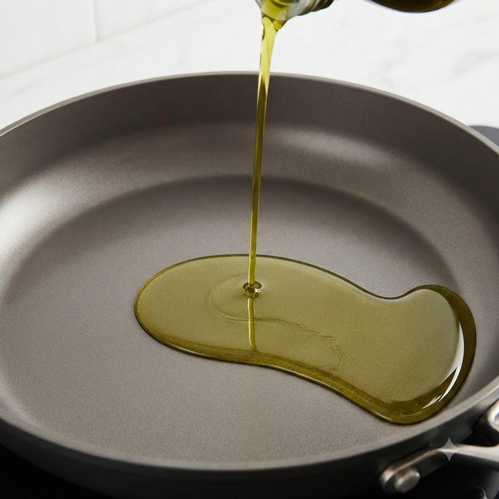 Aceite de oliva fluyendo desde una botella hacia el centro de una sartén caliente.