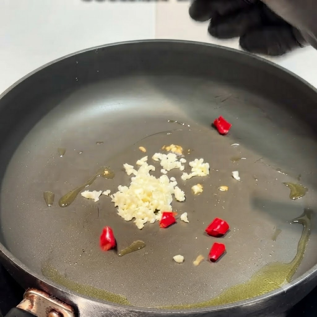 Ajo picado y guindillas rojas troceadas esparcidas por una sartén con aceite.