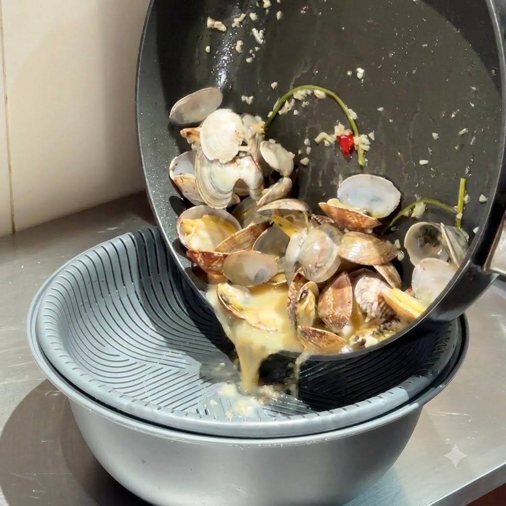 Caldo y almejas siendo vertidos desde una sartén a través de un colador hacia un bol.