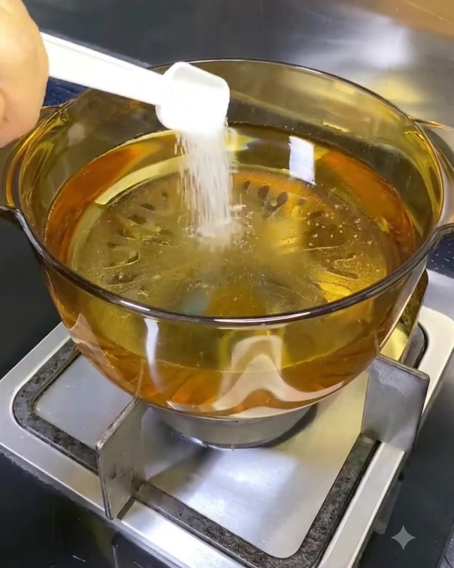 Una olla transparente en una cocina que contiene agua con sal blanca siendo vertida desde una cuchara medidora blanca.