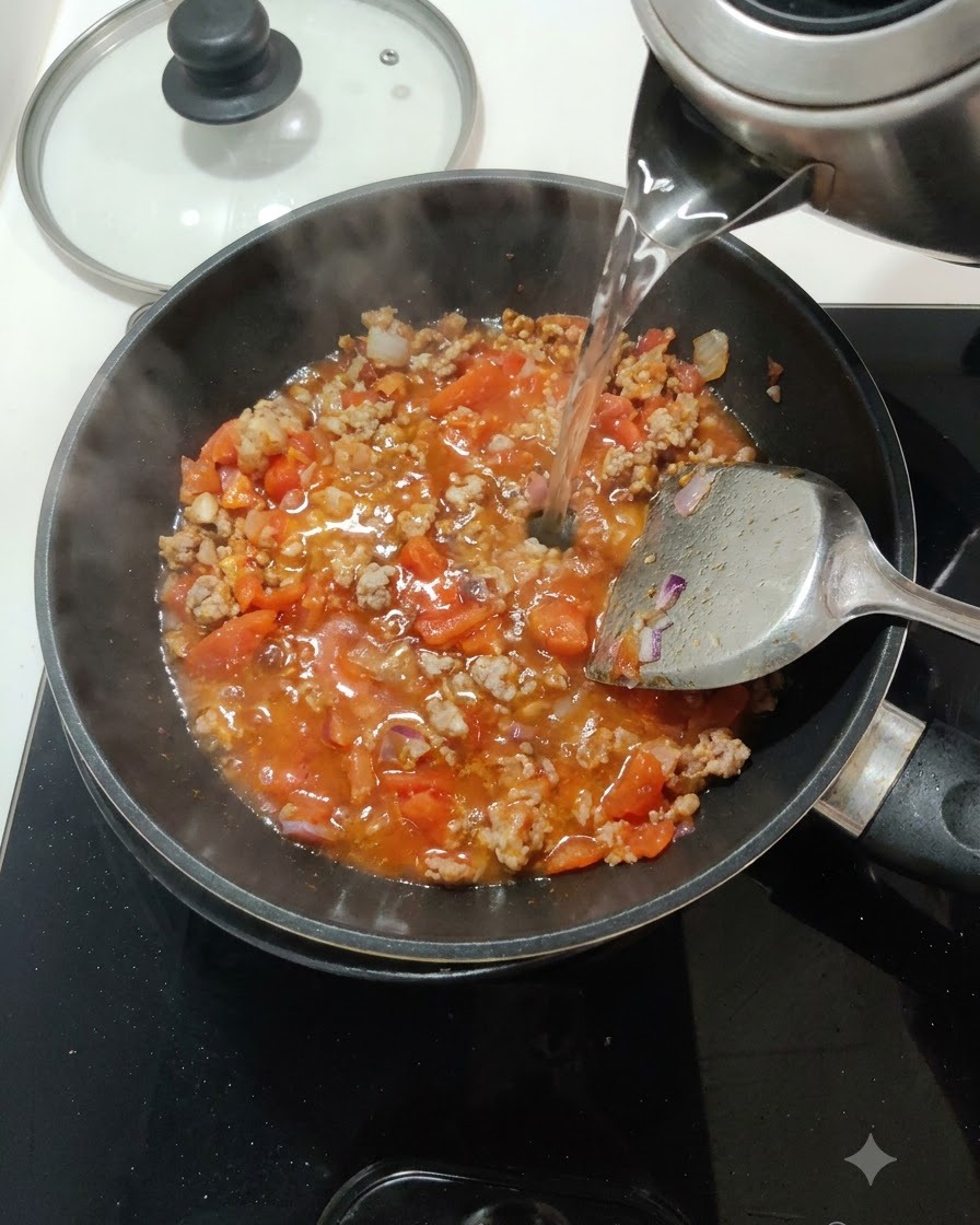 Agua vertiéndose desde un hervidor plateado hacia la sartén con los tomates y la carne.