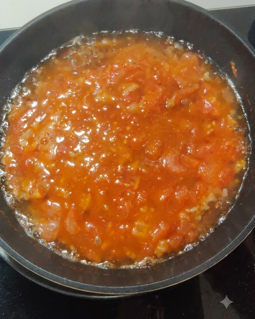 Una salsa roja espesa y humeante burbujeando dentro de una sartén en el fuego.