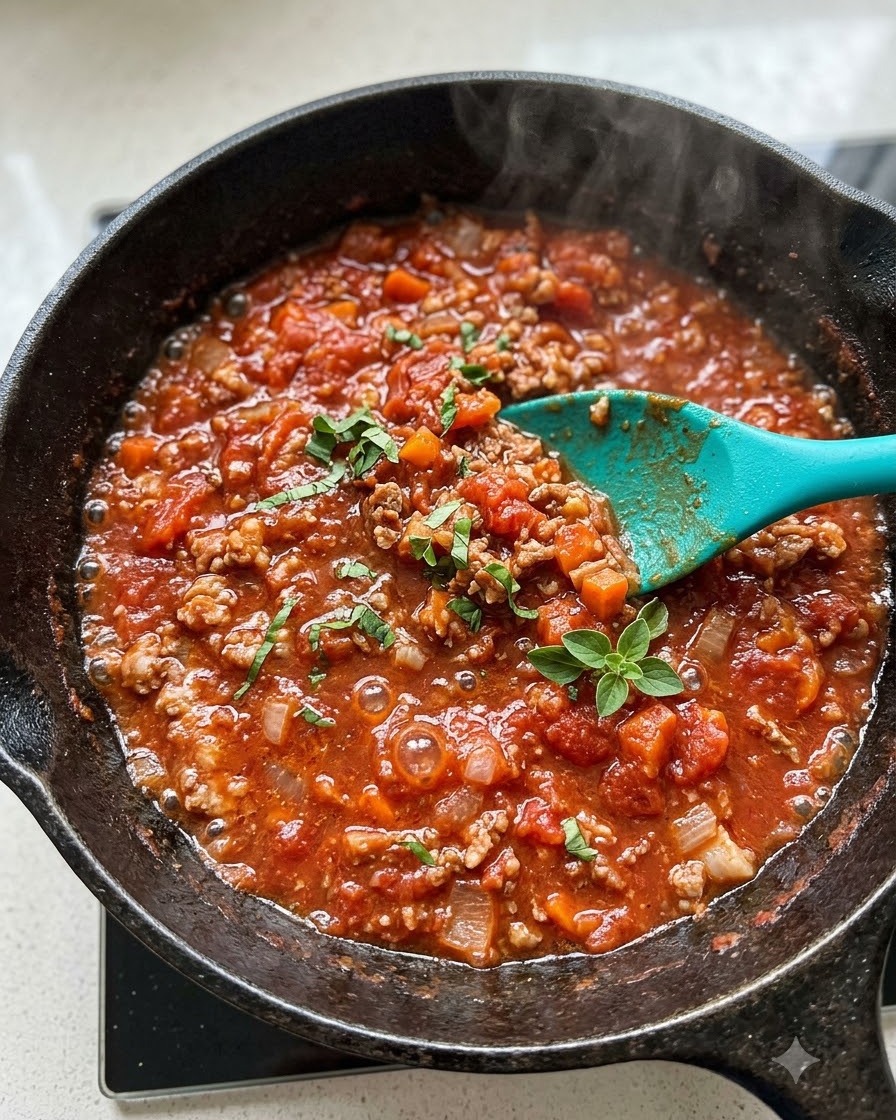 Un cucharón sirviendo salsa caliente de carne y tomate sobre una base de espaguetis cocidos en un plato blanco.