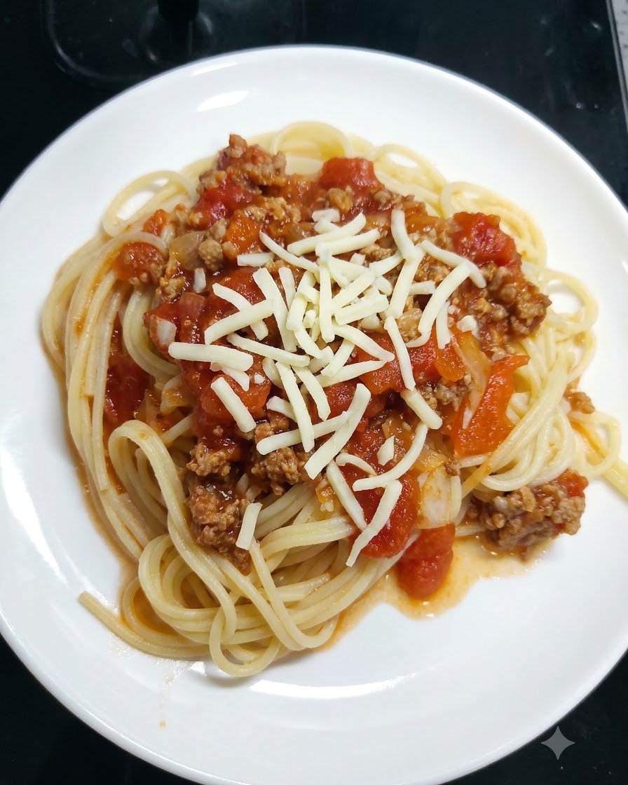 Queso mozzarella rallado espolvoreado sobre los espaguetis cubiertos de salsa de tomate en un plato blanco.