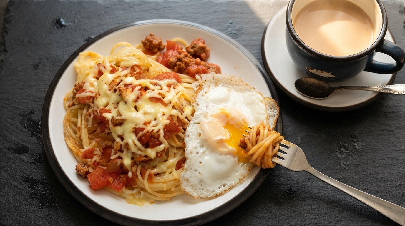 Espaguetis al horno con queso y huevo frito estilo Hong Kong