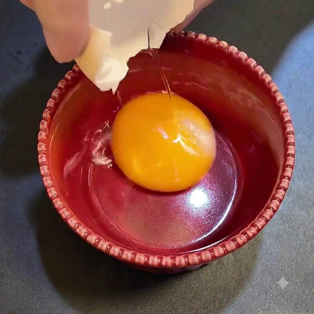 Una yema de huevo estéril en un tazón rojo combinándose con queso parmesano y salsa de trufa negra.