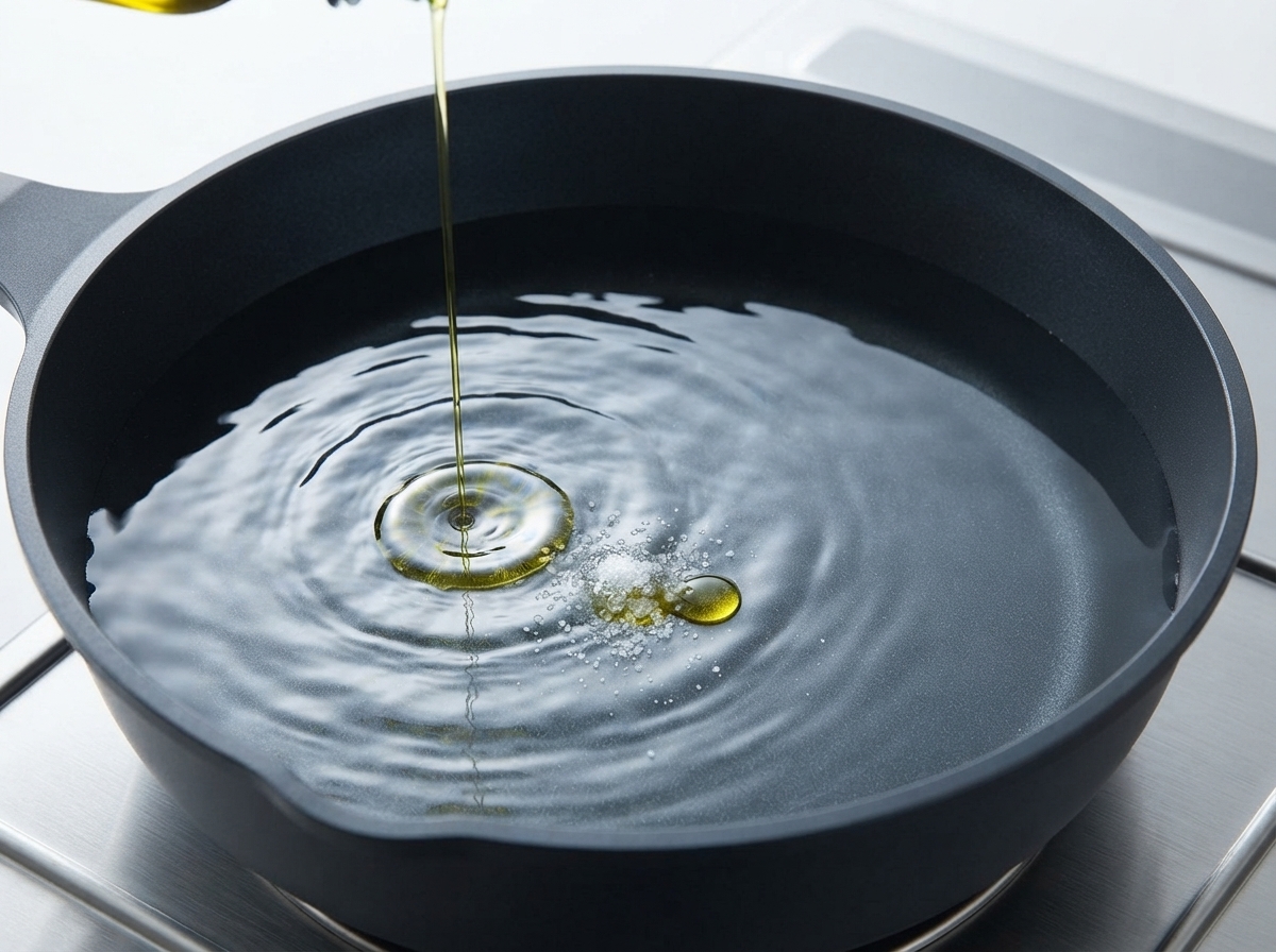 Espagueti cociéndose en una olla con agua hirviendo sazonada con sal y aceite de oliva.