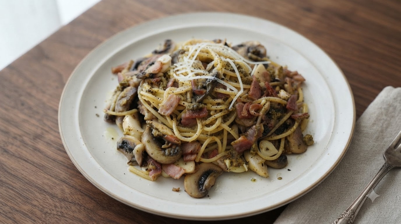 Pasta cremosa con trufa, champiñones y tocino
