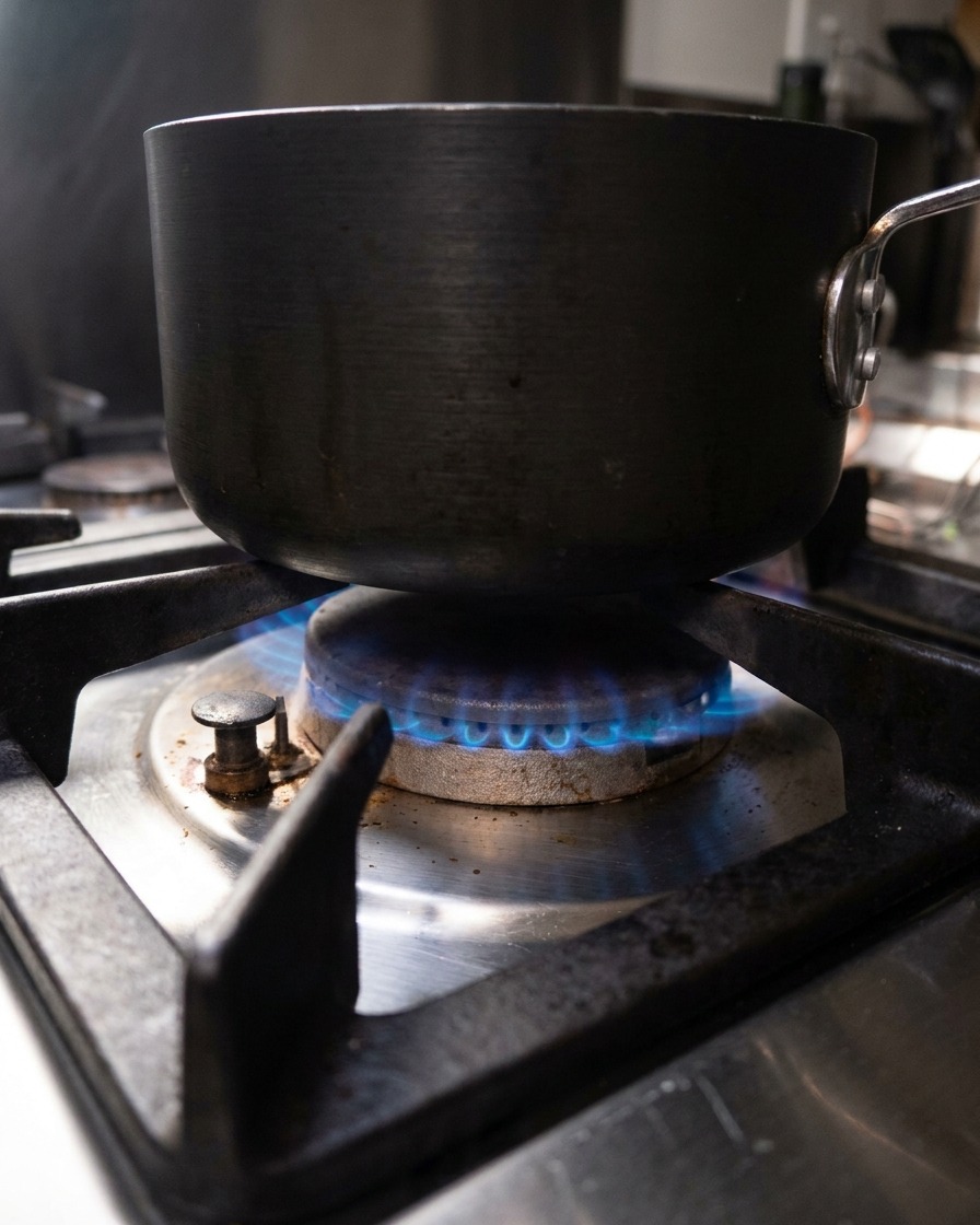 Un recipiente pequeño espolvoreando pimienta y nuez moscada en una olla con leche calentándose en una estufa.